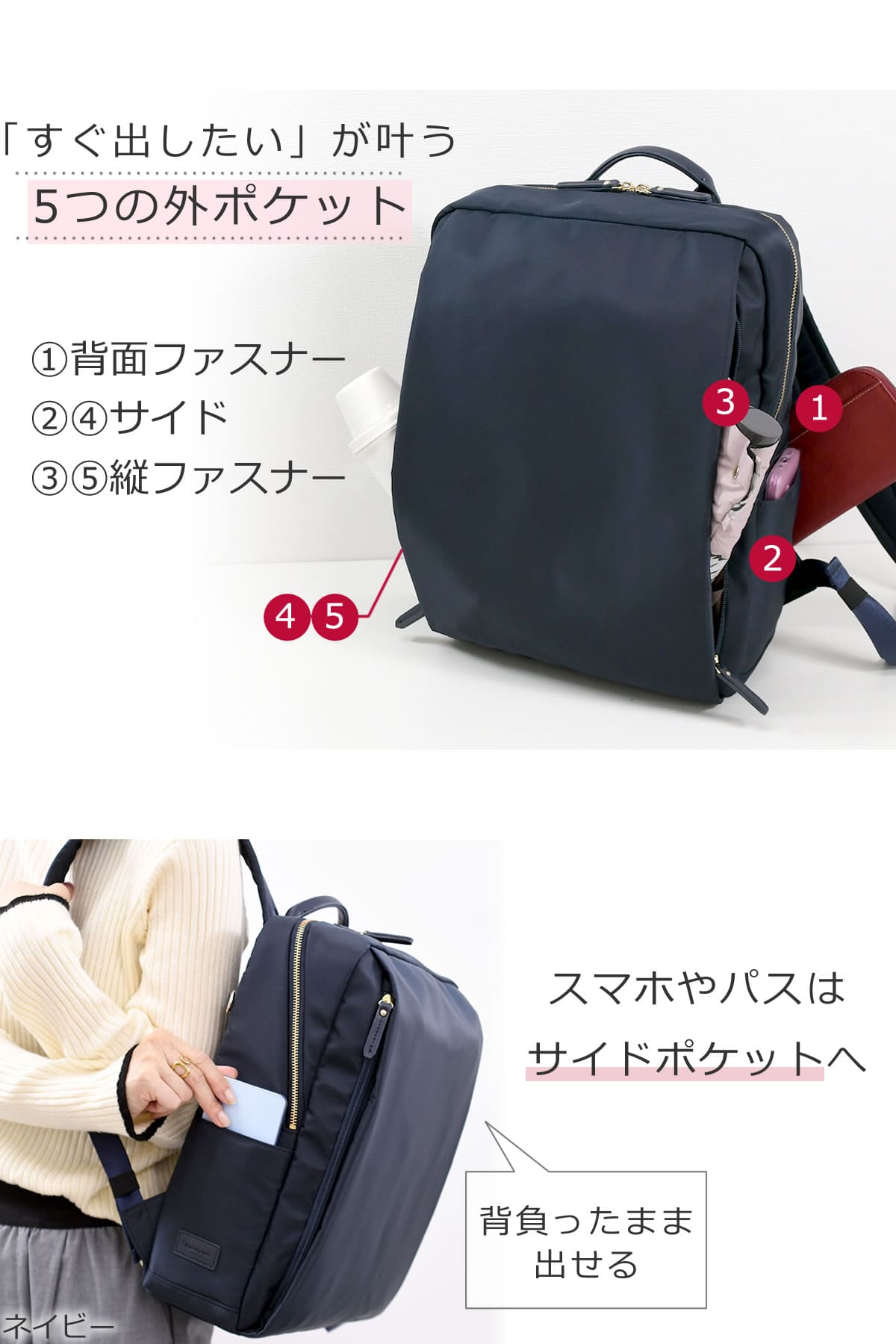 外ポケット5つ付きでスマホや定期がすぐ取り出せる便利な収納設計