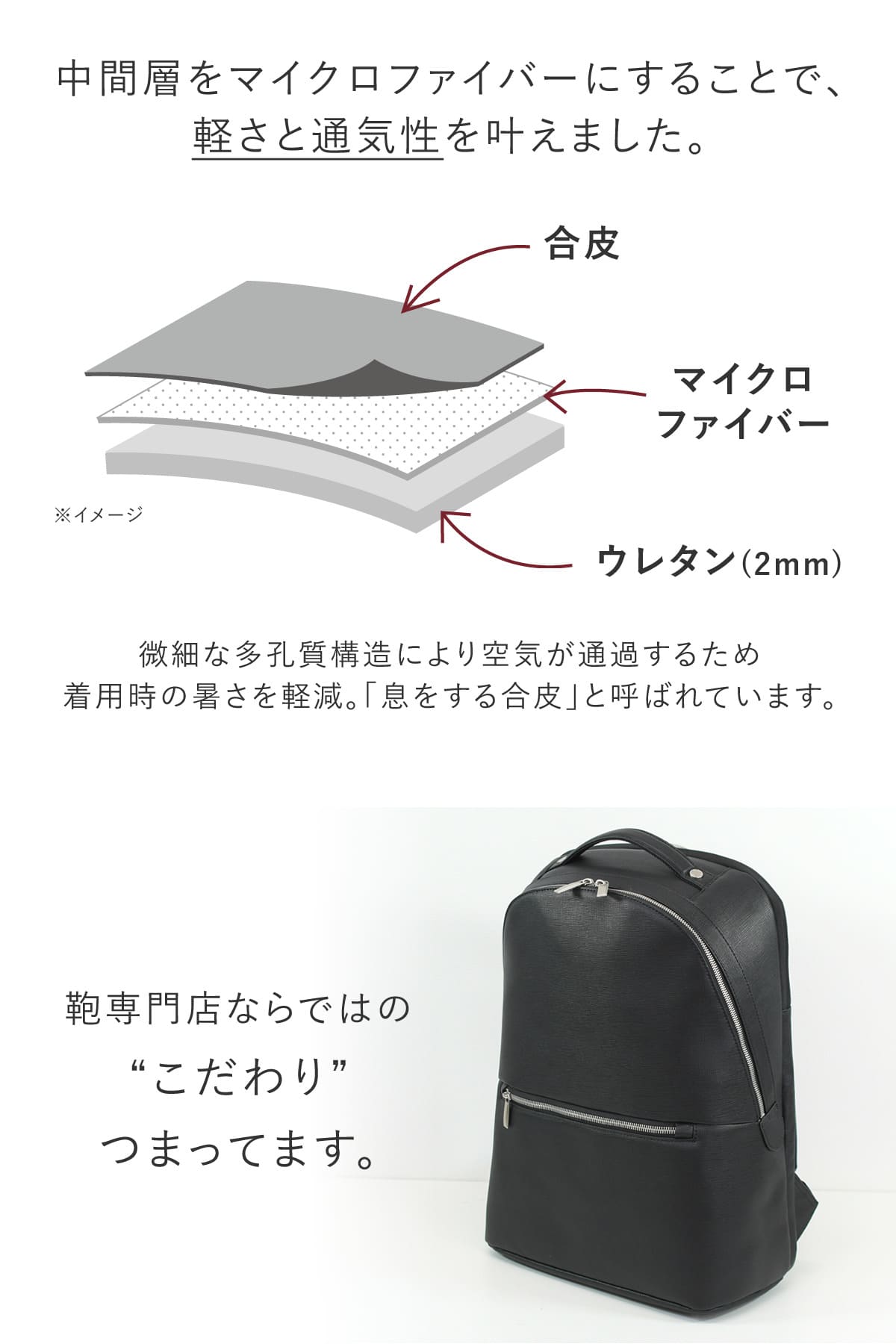 生地の中間層をマイクロファイバーにすることで軽さと通気性を叶えました