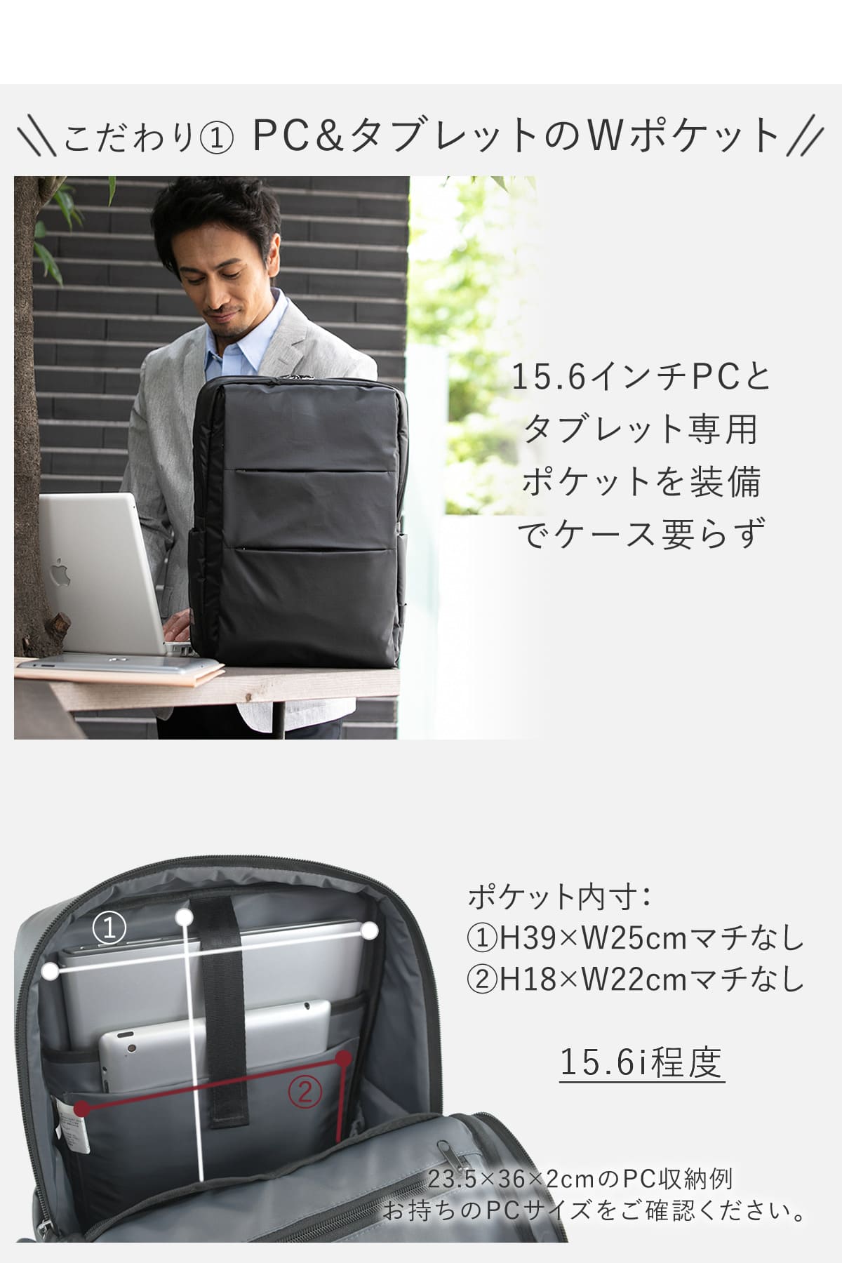 PC、タブレットのWポケット。タブレット専用ポケットも付けたから2台まとめてすっきり収納