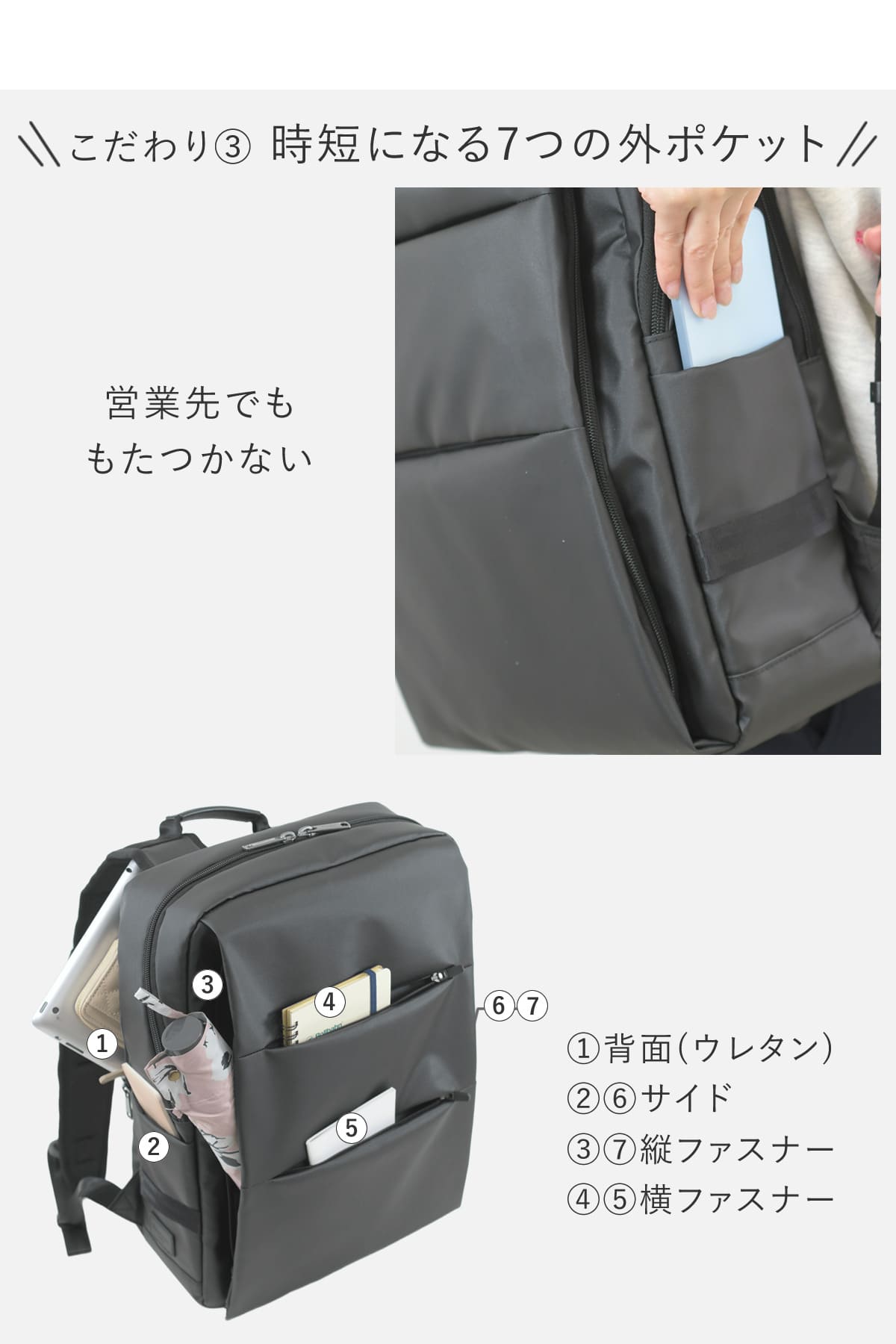 外側だけでも7つポケットがあるから移動中もサッと取り出せるメンズビジネスリュック
