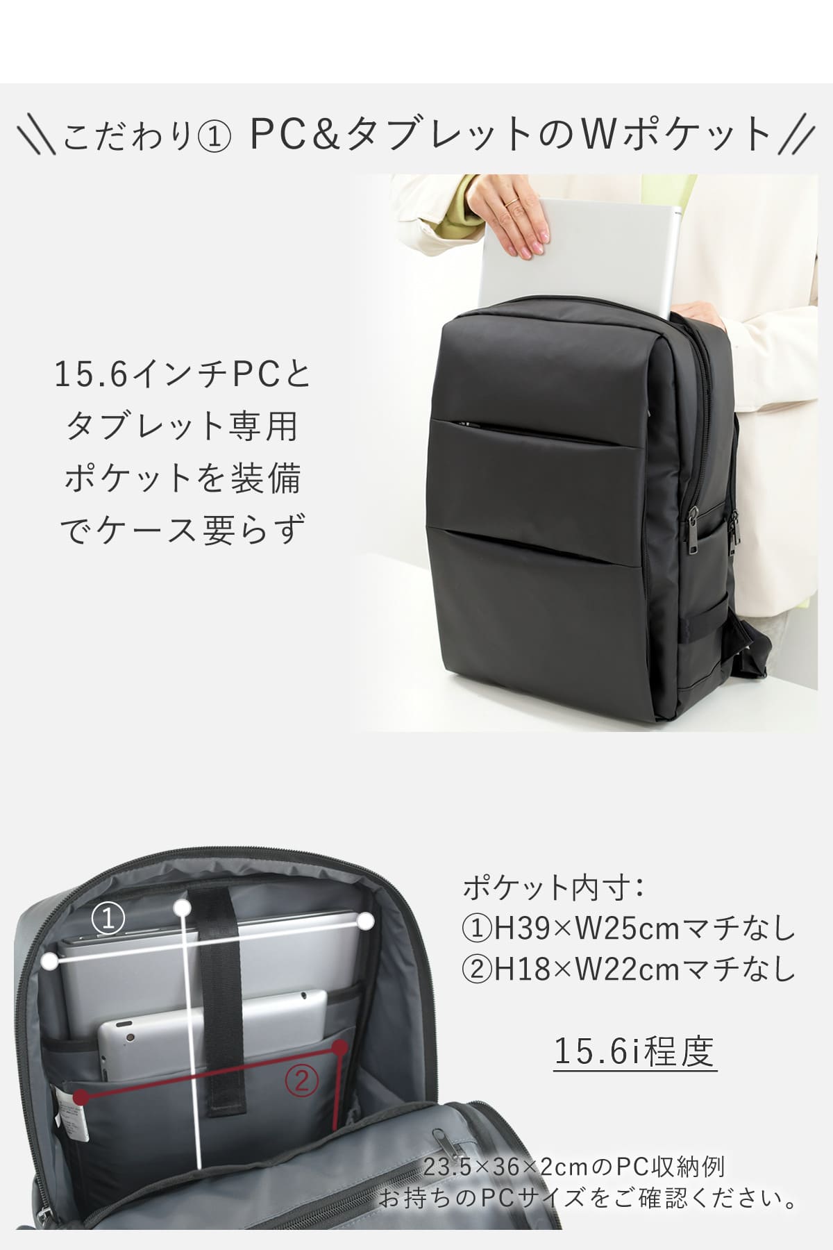 PC、タブレットのWポケット。タブレット専用ポケットも付けたから2台まとめてすっきり収納