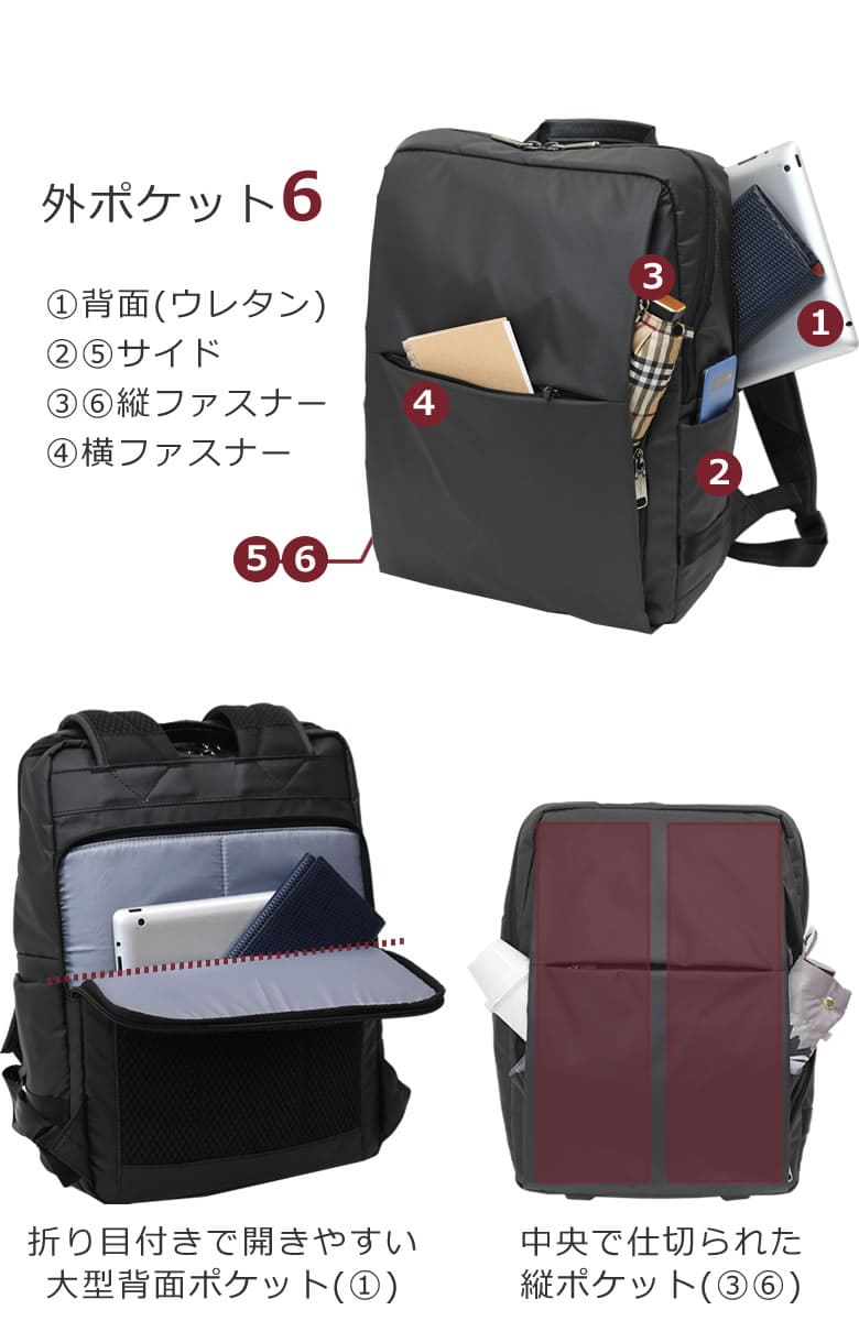 ビジネスリュック メンズ 防水 ポケット充実 サイドポケット 背面ポケット