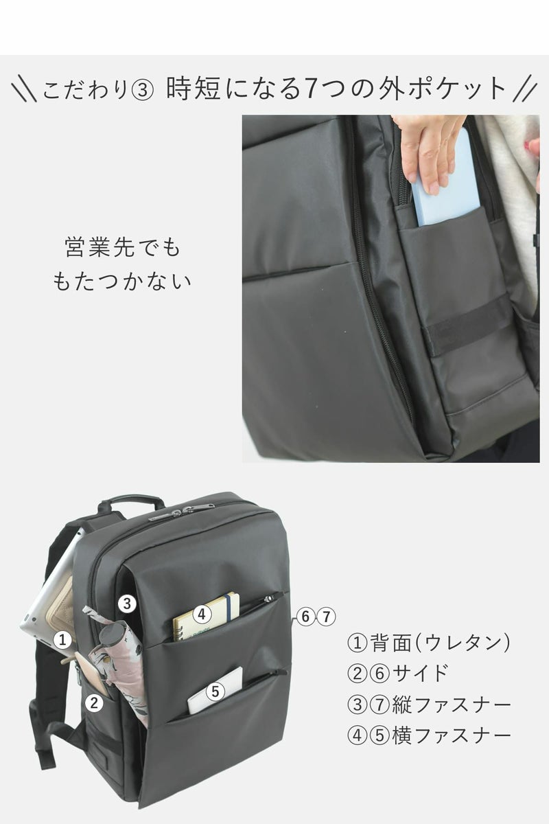 外側だけでも7つポケットがあるから移動中もサッと取り出せるメンズビジネスリュック