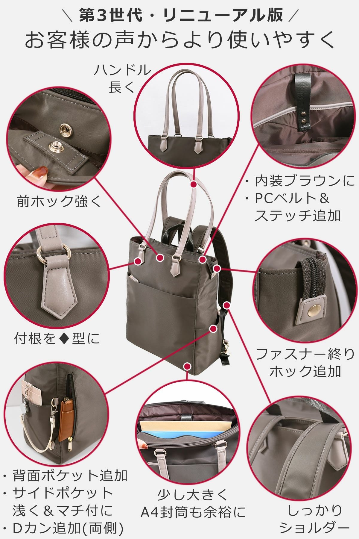 目々澤鞄 お客様の声で改良を重ねた第三世代トートリュック レディースビジネス用2wayバッグ