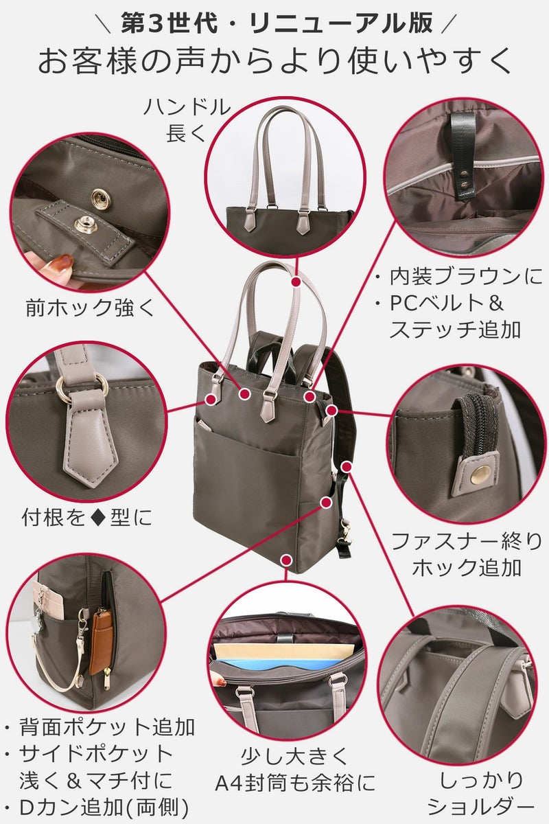 目々澤鞄 お客様の声で改良を重ねた第三世代トートリュック レディースビジネス用2wayバッグ