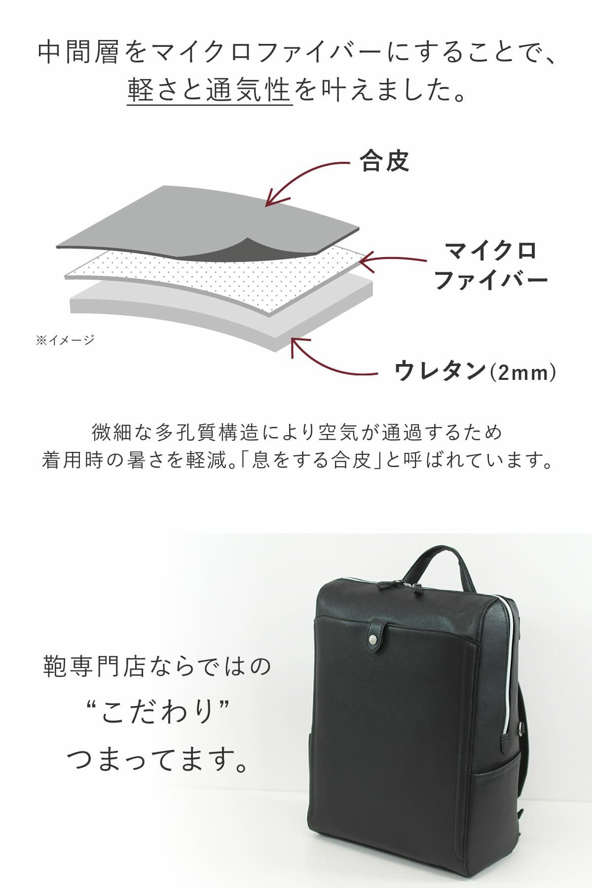 生地の中間層をマイクロファイバーにすることで軽さと通気性を叶えました