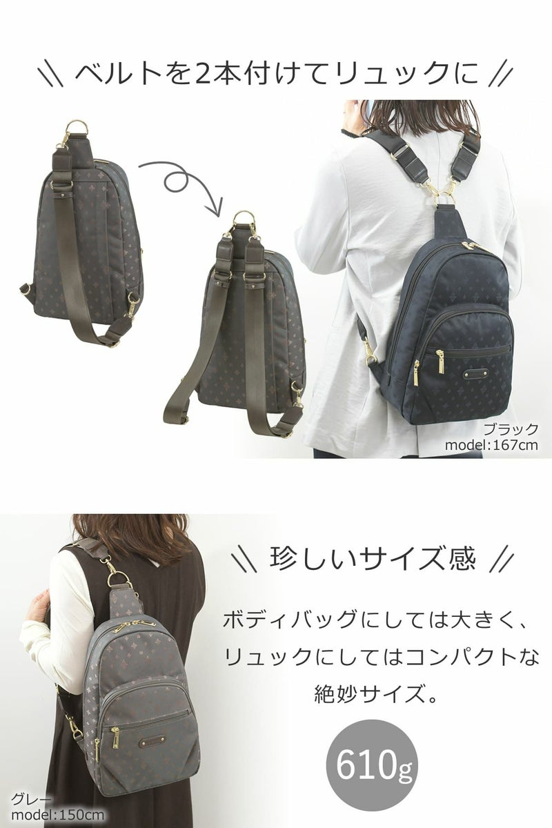ベルト1本だとボディバッグ、2本付けるとリュックになる２way仕様。ボディバッグだとおおきめリュックだと小さめサイズ
