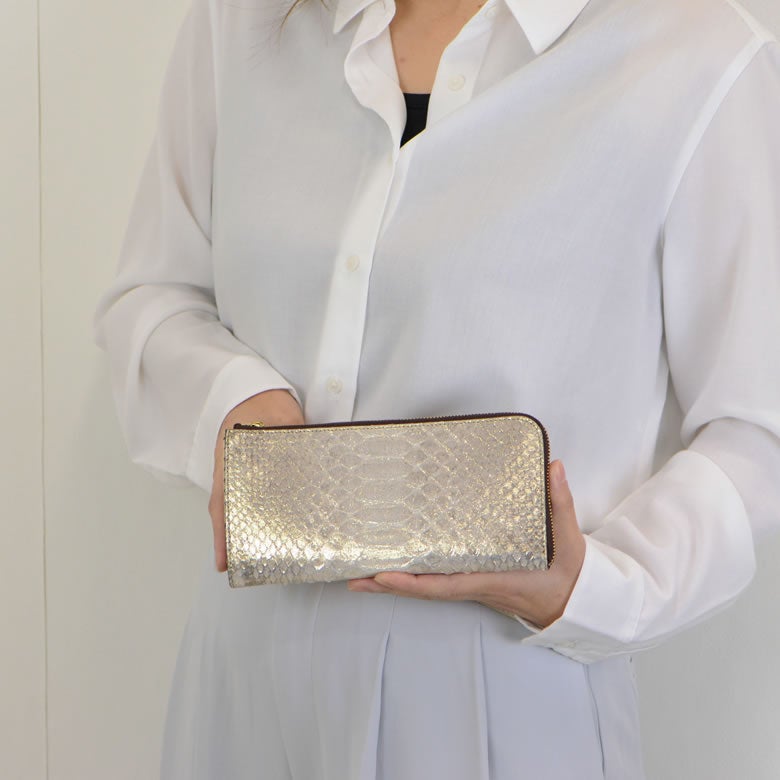 財布 レディース 長財布 L字ファスナー 薄い スリム 薄マチ カード入る 日本製 パイソン 蛇革 本革 使いやすい おしゃれ きれいめ 上品 大人 プレゼント arrukan アルカン