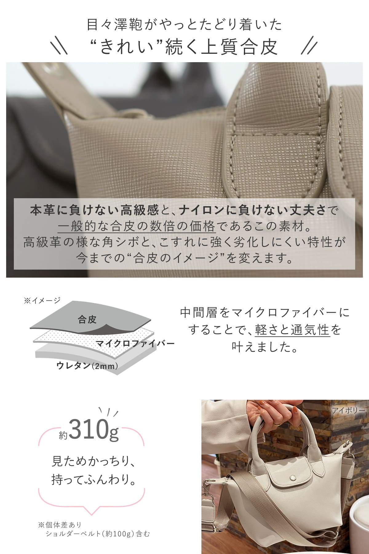 本革に負けない高級感とナイロンに負けない丈夫さのきれい続く合皮を採用した2wayミニトートバッグ